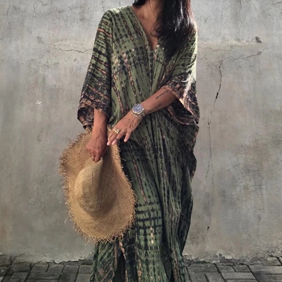 Olive Gray Boho Tie Dye Kaftan Kimono Dress - Picture 5 of 5